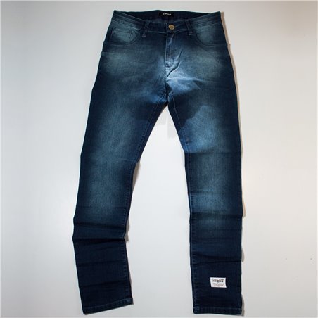Hombre pantalon jean localizado elastizado frunce al costado botamanga arrugada