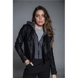 Mujer Campera ecocuero capucha frente desmontable cierres negros