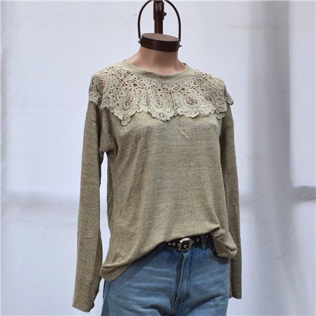 Mujer Remera lanilla cuello guipur brillo mangas largas