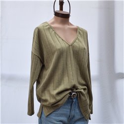 Mujer Remera lanilla amplia mangas largas escote V