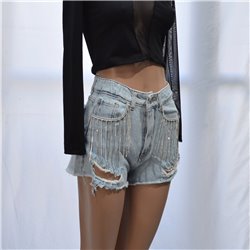 Mujer short jean rigido rotura flecos estrass