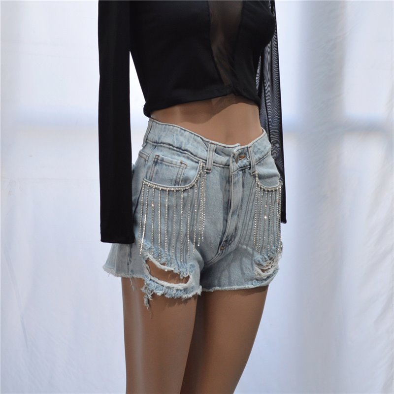 Mujer short jean rigido rotura flecos estrass