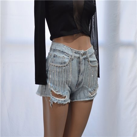 Mujer short jean rigido rotura flecos estrass