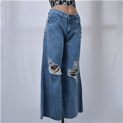 Mujer pantalon jean rigido wide leg roturas