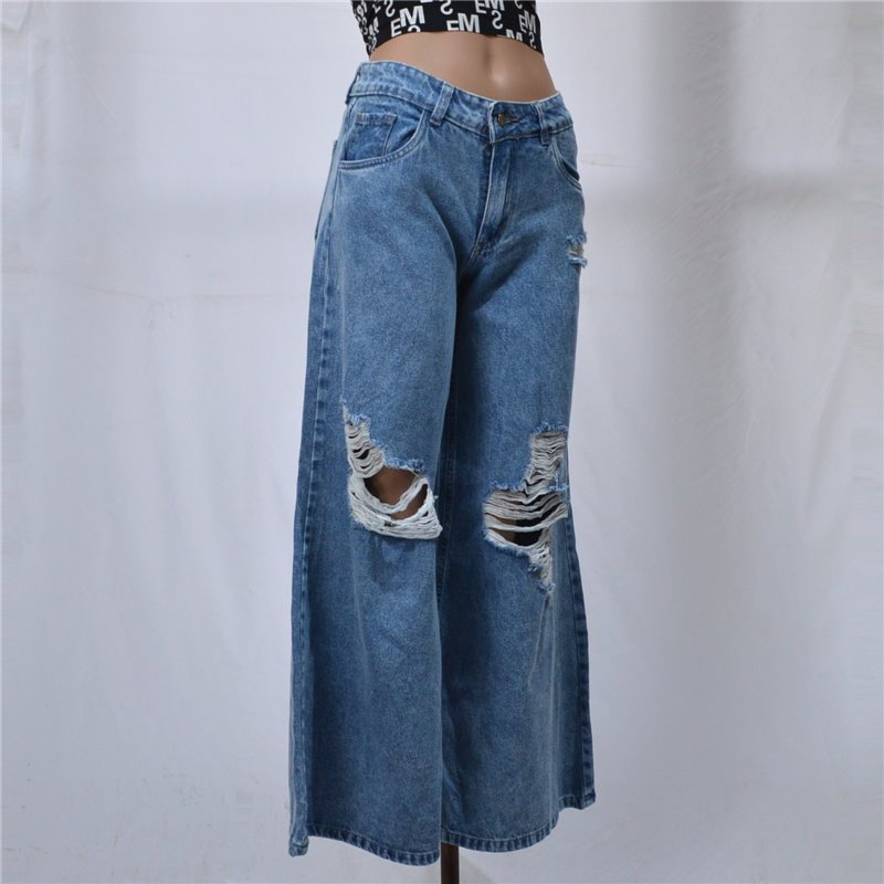 Mujer pantalon jean rigido wide leg roturas