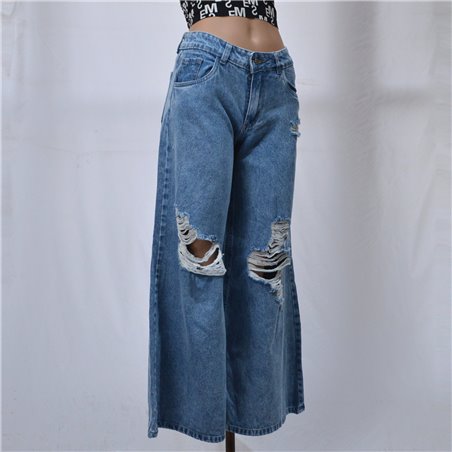 Mujer pantalon jean rigido wide leg roturas