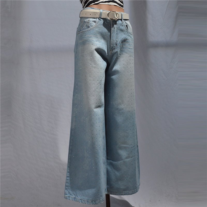 Mujer Pantalon jean rigido wide leg frente brillo