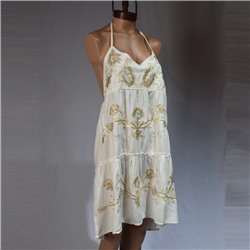 Mujer vestido lino escote V bordado flor lentejuelas