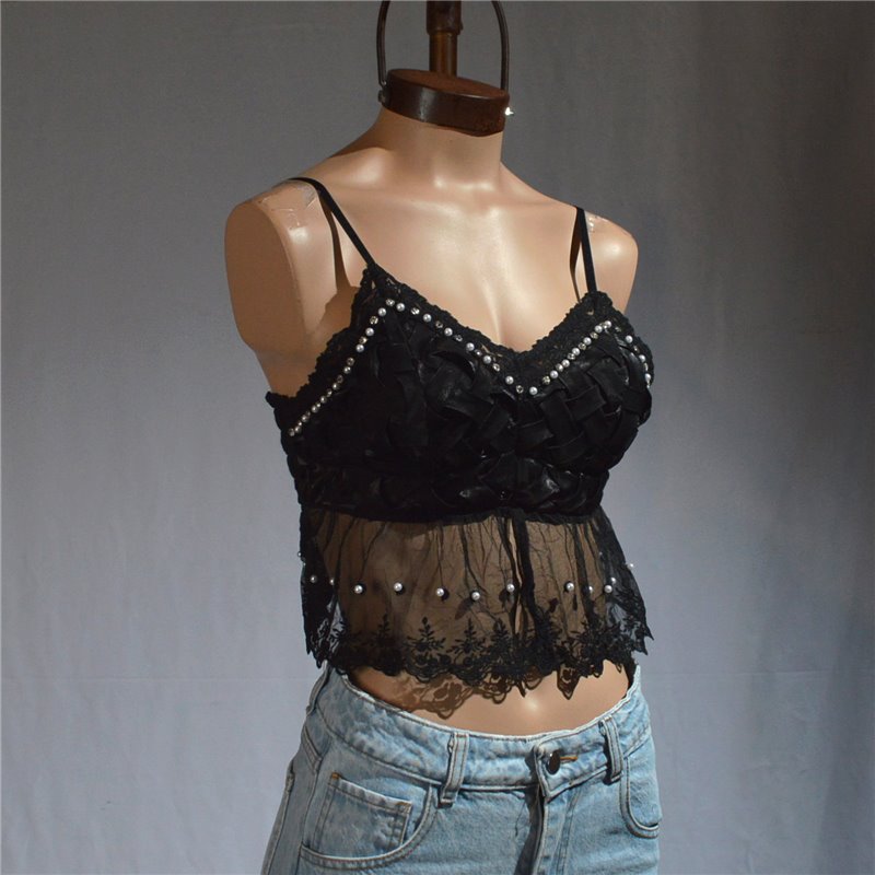 Mujer top raso combiando guipur bordado perla estrass