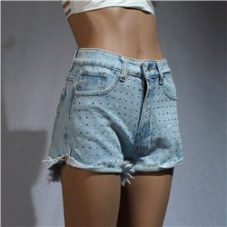 Mujer Short jean rigido frente y bolsillo brillo desflecado