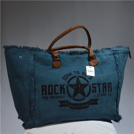 Bolso lona amplio manija ecocuero estampa ROCK STAR