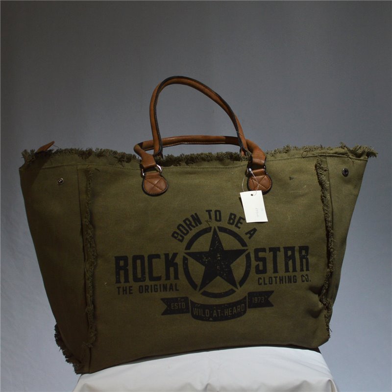 Bolso lona amplio manija ecocuero estampa ROCK STAR