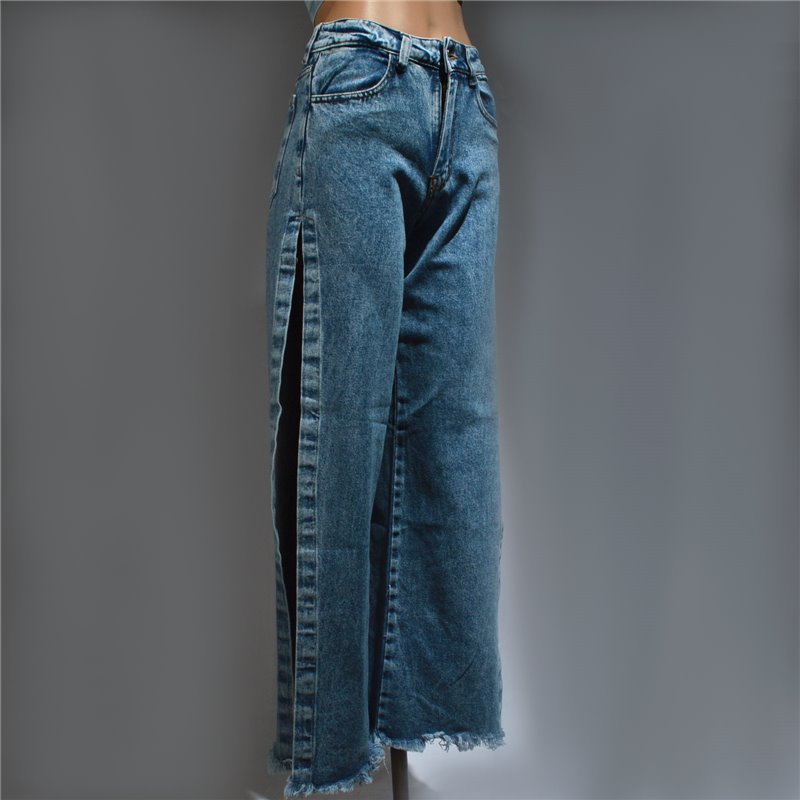 Mujer pantalon jean wide leg con tajo lateral ruedo desflecado