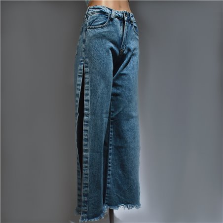 Mujer pantalon jean wide leg con tajo lateral ruedo desflecado