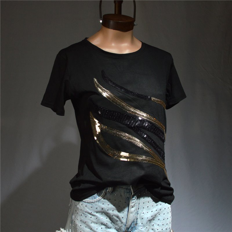 Mujer remera algodon bordada lentejuelas OLAS