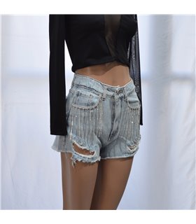 Mujer short jean rigido rotura flecos estrass