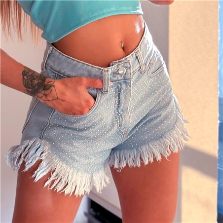 Mujer Short jean rigido desflecado frente estrass bolsillos