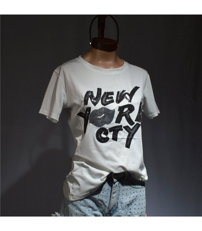 Mujer remera algodon bordada lentejuelas NEW YORK CITY