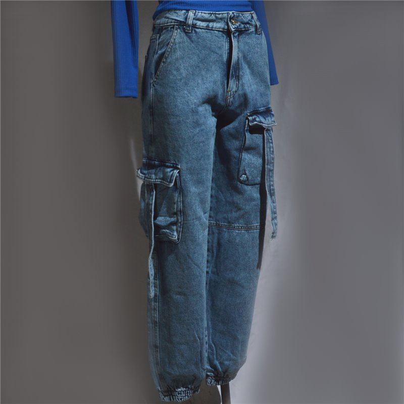 Mujer pantalon jean babucha cargo tiras en bolsillo