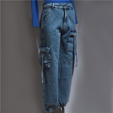 Mujer pantalon jean babucha cargo tiras en bolsillo