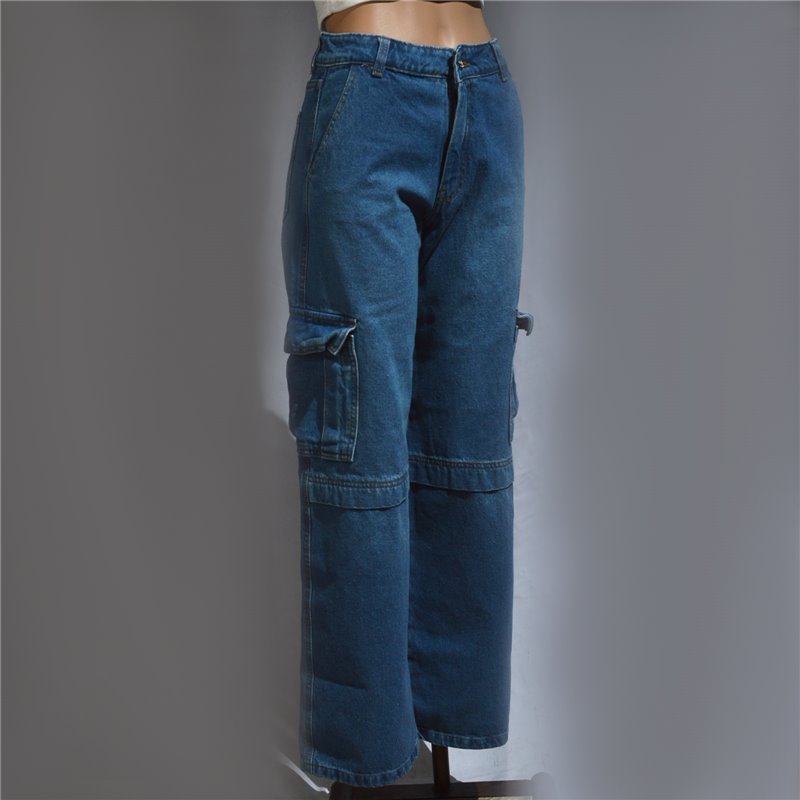 Mujer pantalon jean rigido cargo frente costura