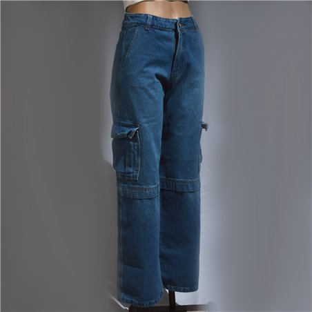 Mujer pantalon jean rigido cargo frente costura