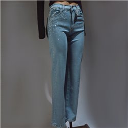Mujer pantalon jean elastizado recto frente bolsillo brillo
