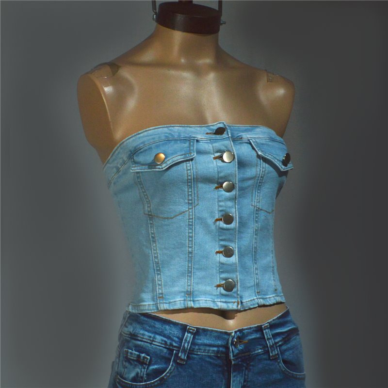 Mujer top jean elastizado frente botones