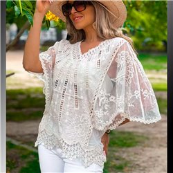 Mujer Blusa guipur combinada tull - FRA