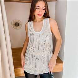 Mujer Musculosa gasa frente bordado flor lentejuelas doradas