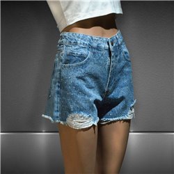 Mujer Short jean rigido frente brillos rotura - KA