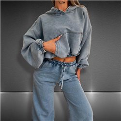Mujer buzo jean elastizado corto canguro