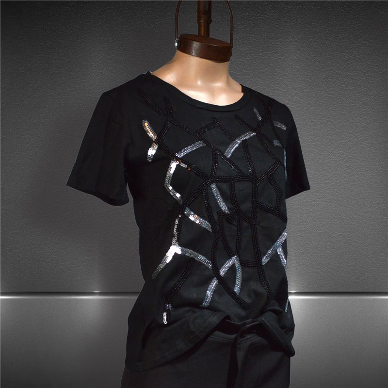 Mujer Remera algodon bordado lentejuelas abstracto plata negro - FRA