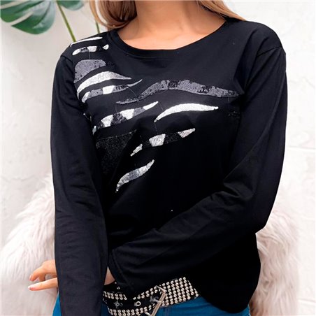 Mujer Remera algodon m-l frente bordado lentejuelas olas