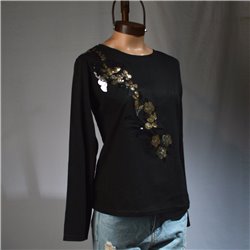 Mujer Remera algodon mangas largas frente bordado lentejuelas flores