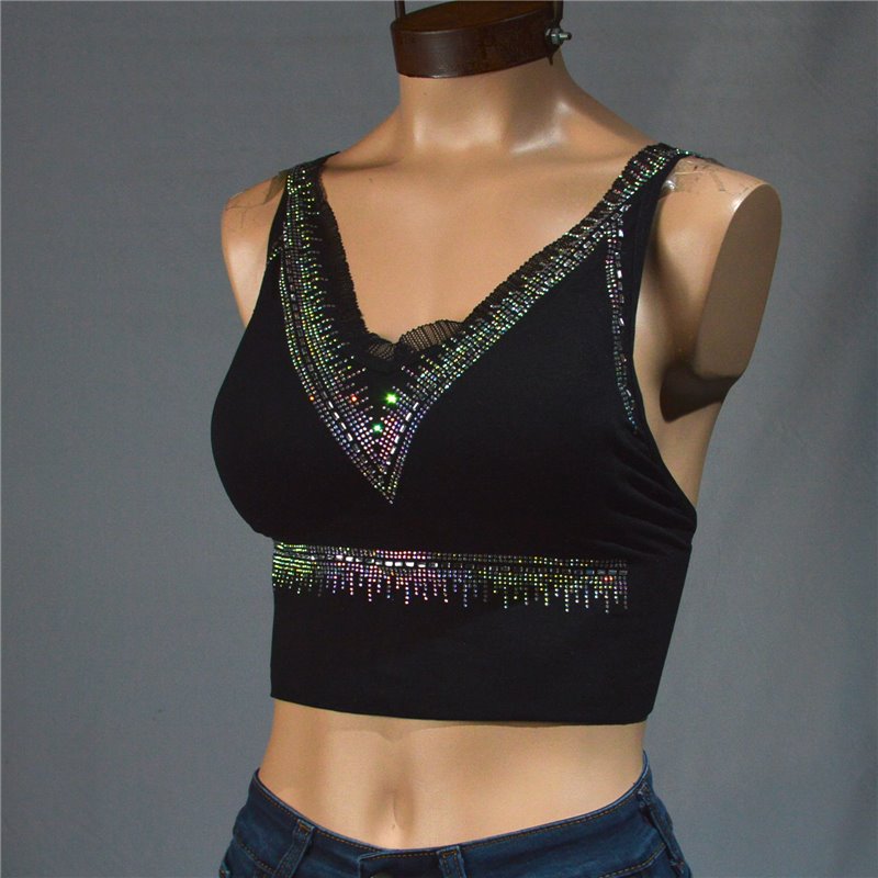 Mujer Top lycra escote V volado brillo estrass - 317