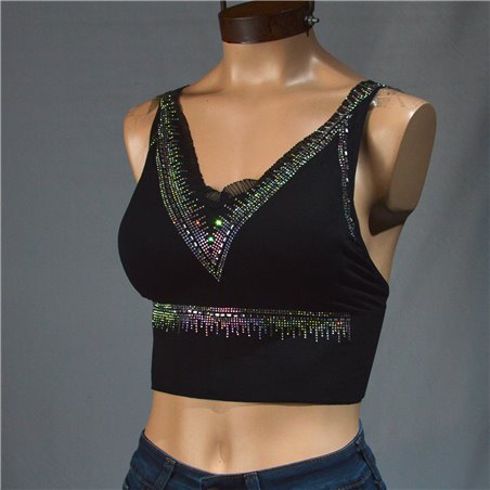 Mujer Top lycra escote V volado brillo estrass - 317