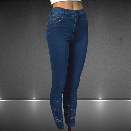 Mujer pantalon jean chupin elastizado brillo en botamangas