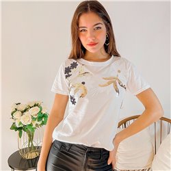 Mujer Remera algodon frente bordado lentejuelas flores