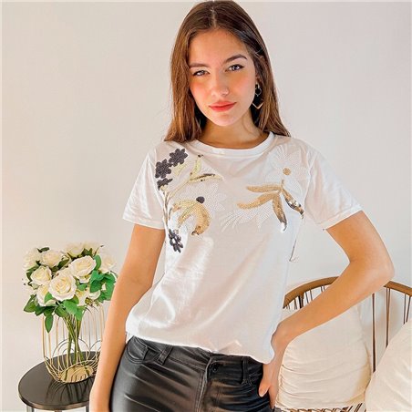 Mujer Remera algodon frente bordado lentejuelas flores