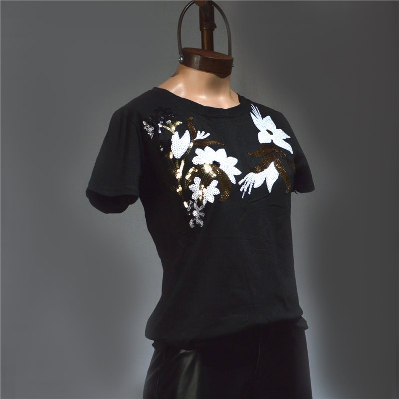 Mujer Remera algodon frente bordado lentejuelas flores