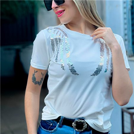 Mujer Remera algodon bordada lentejuelas alas-FR