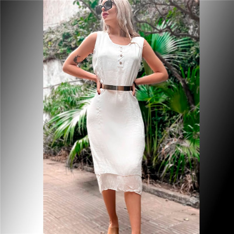 Mujer Vestido lino superpuesto frente botones - FR