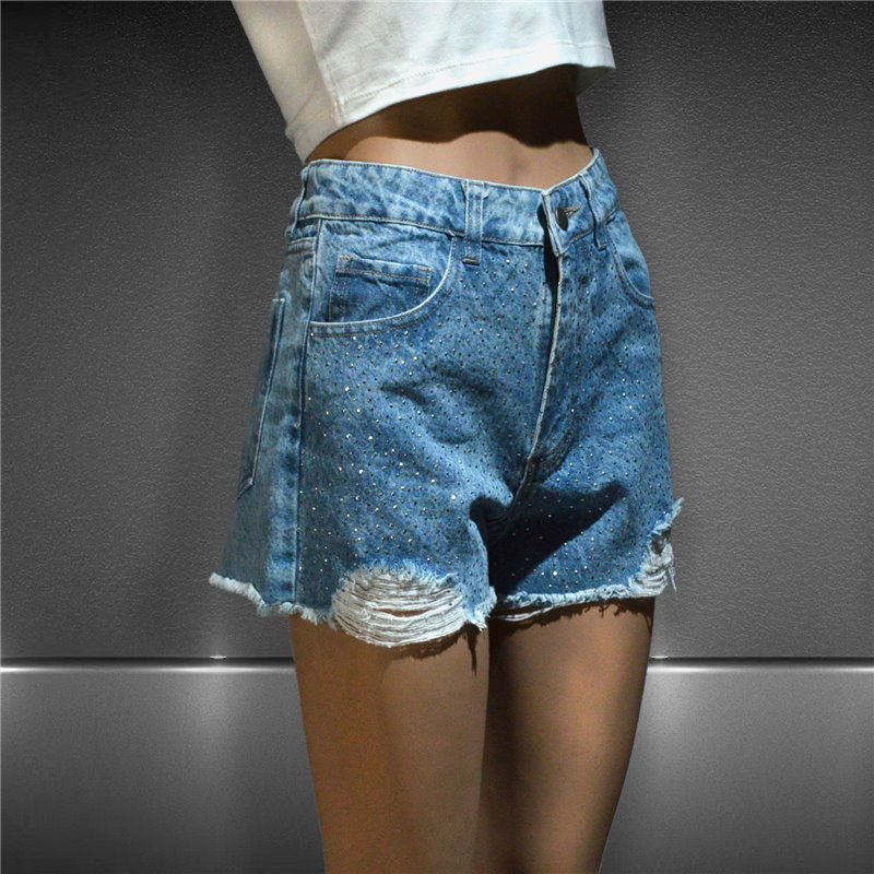 Mujer Short jean rigido frente brillos rotura - KA