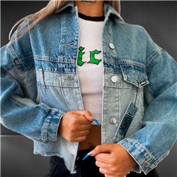 Mujer campera jean combinada corta desflecada