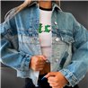 Mujer campera jean combinada corta desflecada