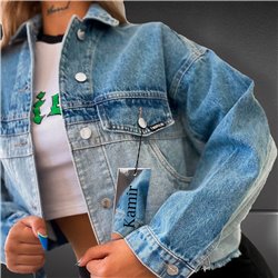 Mujer campera jean combinada corta desflecada