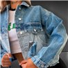 Mujer campera jean combinada corta desflecada