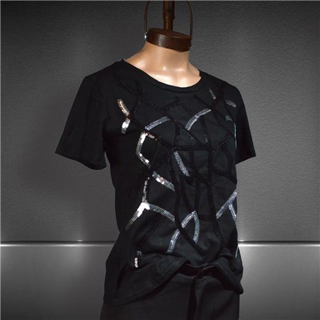 Mujer Remera algodon bordado lentejuelas abstracto plata negro - FRA