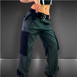 Mujer Pantalon engomado cargo combinado gabardina cinturon - EM